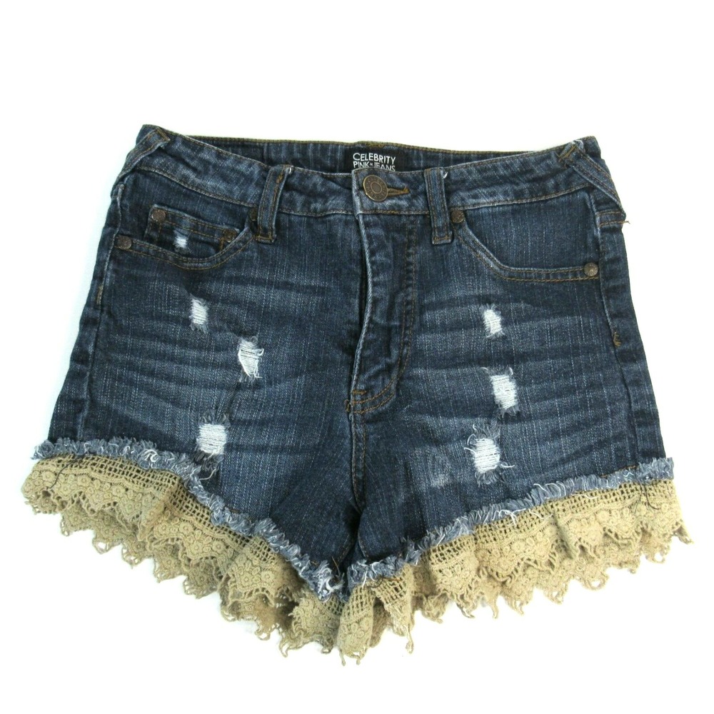 Celebrity Pink Sz 1 distressed lace hem jean denim shorts Dark wash 28 in waist